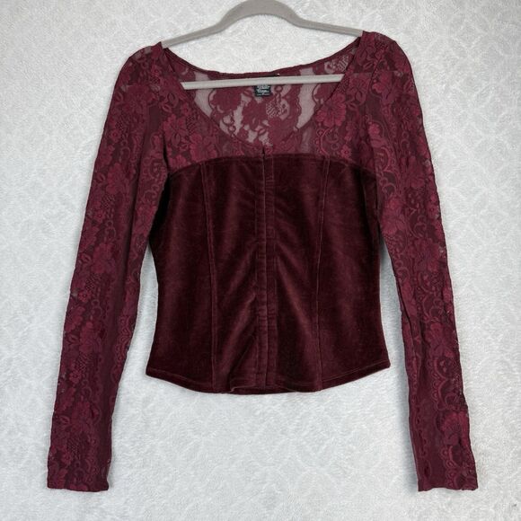 Moda International Tops - Moda International Burgundy Lace Velvet Long Sleeve Top